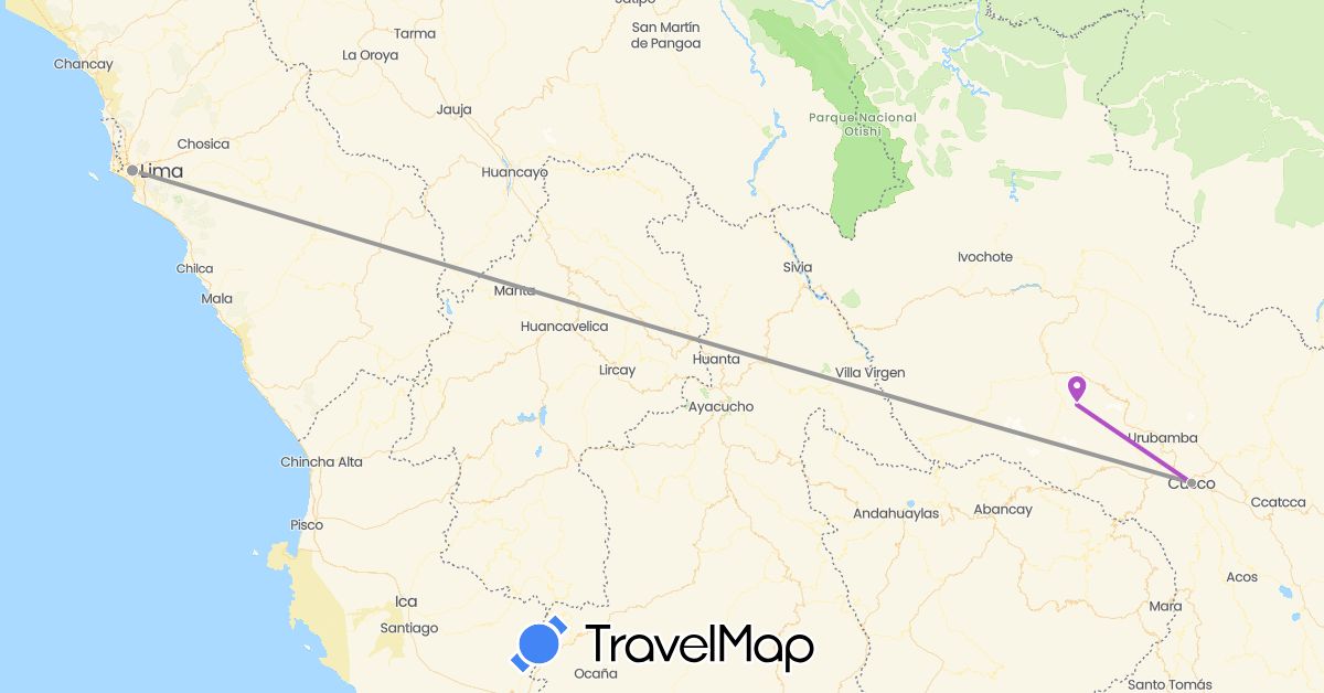 TravelMap itinerary: driving, plane, train in Peru (South America)